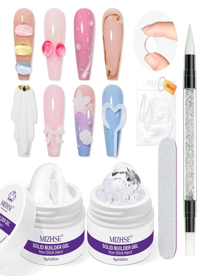 MIZHSE Solid Builder Gel for Nails, Non-Sticky Clear and White 3D Nail Art, Sculpting Building Hard Gel with Dual Form Silicone Pen for Carving Patterns Decoration Nail Art Manicure Home DIY - Image 1